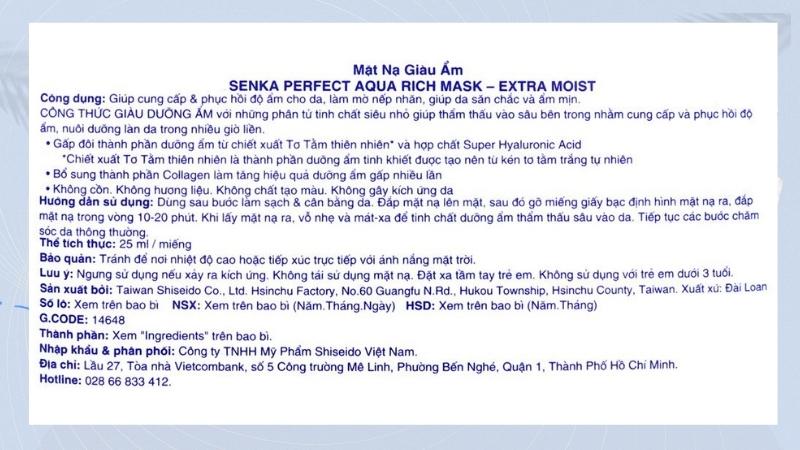 Thành phần của mặt nạ Senka Perfect Aqua Rich Extra Moist