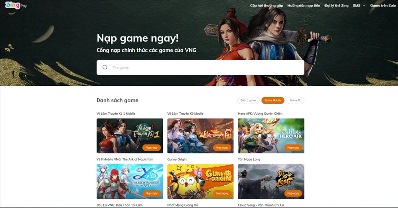 Cổng nạp chính thức các game của VNG