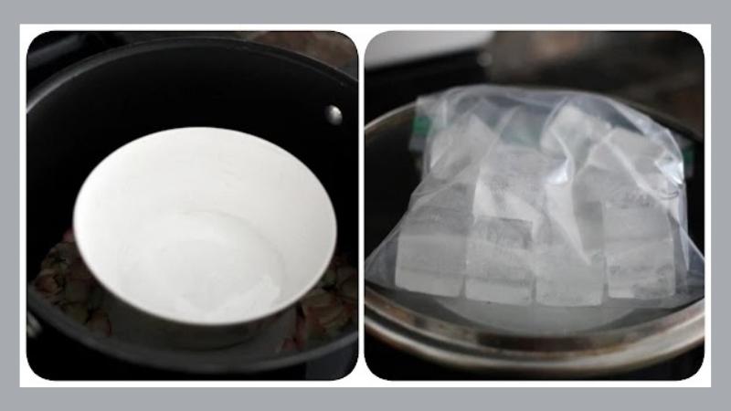 Take the pot lid back, put 1 bag of ice cubes on the lid