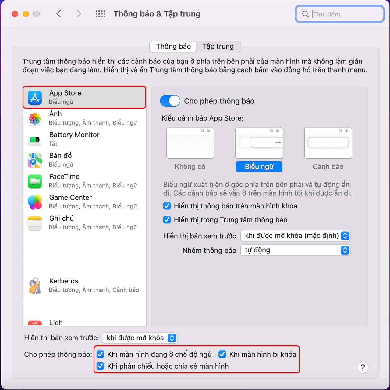 Cách cài đặt thông báo trên MacBook
