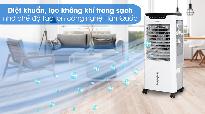 Chức năng tạo ion của quạt điều hòa Hommy giúp không khí đi ra sạch khuẩn, dễ chịu