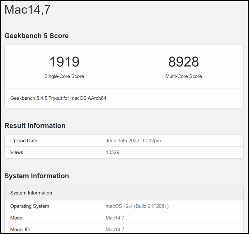 Điểm số khủng của chip M2 trên trang Geekbench
