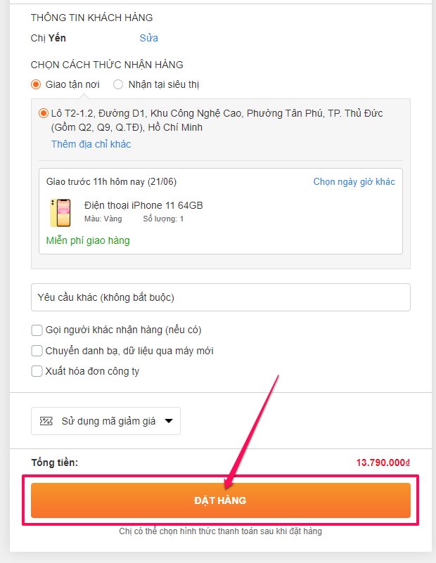 Giao diện sẽ hiện ra như hình, bạn điền thông tin cá nhân chính xác để đặt hàng. Sau đó bạn hãy chọn mục ĐẶT HÀNG.