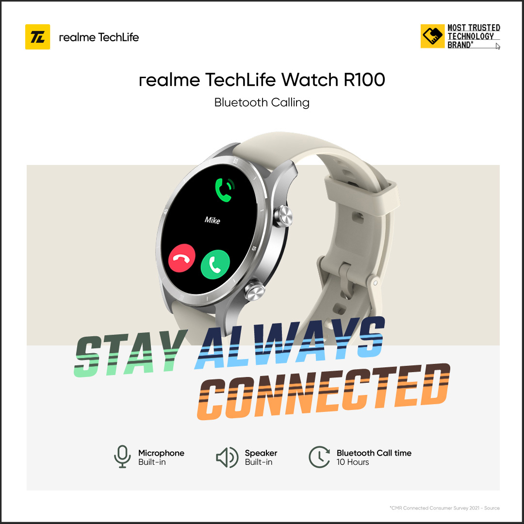 Realme TechLife Watch R100 với chuẩn Bluetooth 5.1 hỗ trợ người dùng kết nối và nghe gọi trên đồng hồ Realme TechLife Watch R100 với chuẩn Bluetooth 5.1 hỗ trợ người dùng kết nối và nghe gọi trên đồng hồ