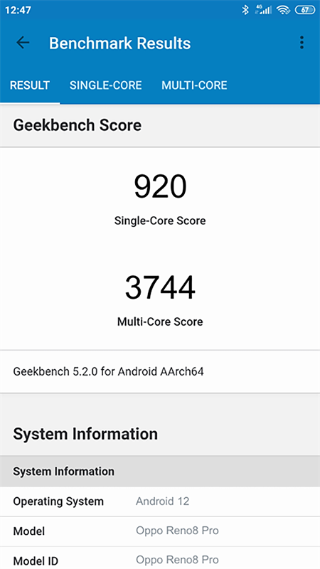Điểm đo hiệu năng trên ứng dụng Geekbench của OPPO Reno8 Pro Điểm đo hiệu năng trên ứng dụng Geekbench của OPPO Reno8 Pro