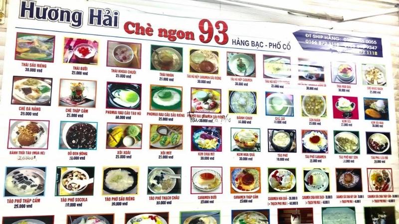 Menu đa dạng tại Chè Hương Hải 93 Hàng Bạc