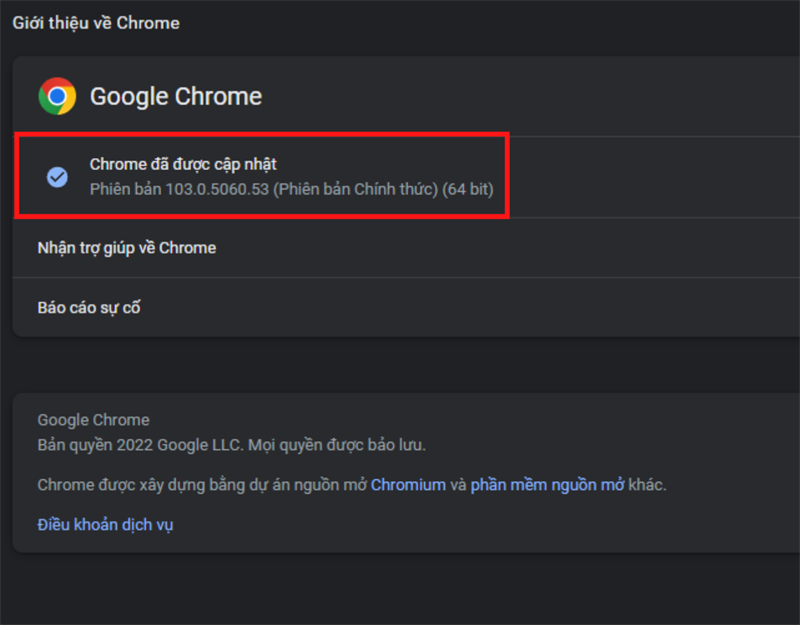 Nó sẽ hiển thị ra bản cập nhật 103 đã được cập nhật lên trình duyệt Chrome của bạn.