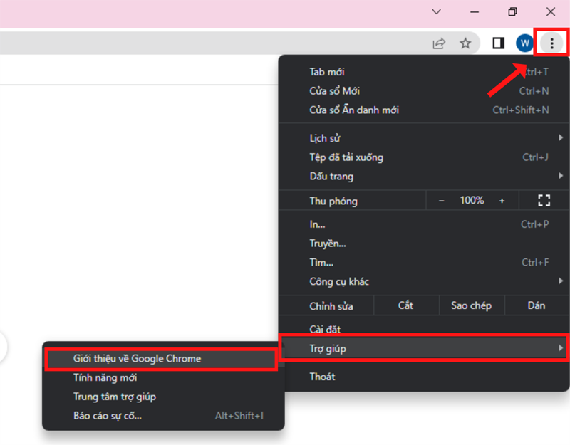 Nhấn vào nút 3 chấm ở góc trên bên phải, chọn Trợ giúp > Giới thiệu về Google Chrome.
