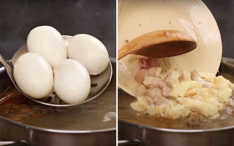 Cho trứng vịt, thịt heo và măng đã chế biến vào nồi nước dùng