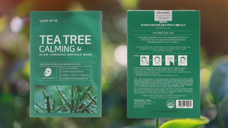 Bao bì, thiết kế của mặt nạ giấy Some By Mi Tea Tree Calming Glow Luminous Ampoule Mask