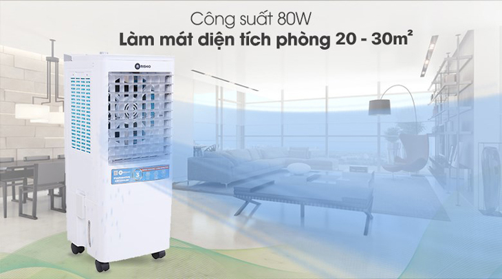 Quạt điều hòa Mishio MK-266 có công suất 80W, lưu lượng gió 5000m³/h, làm mát hiệu quả cho không gian từ 20 - 30m²