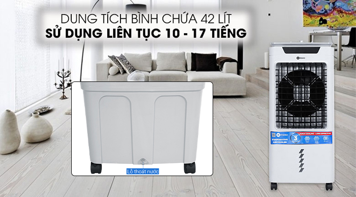 Quạt điều hòa Mishio MK-267 có dung tích bình chứa 42 lít, cho thời gian sử dụng từ 10 - 17 tiếng