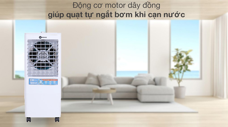 Quạt điều hòa Mishio MK-266 sử dụng motor dây đồng giúp quạt tự ngắt bơm khi cạn nước, bảo vệ động cơ và an toàn của người dùng