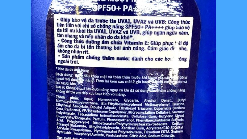 Thành phần của sữa chống nắng và dưỡng ẩm da toàn thân Nivea SPF 50/PA++