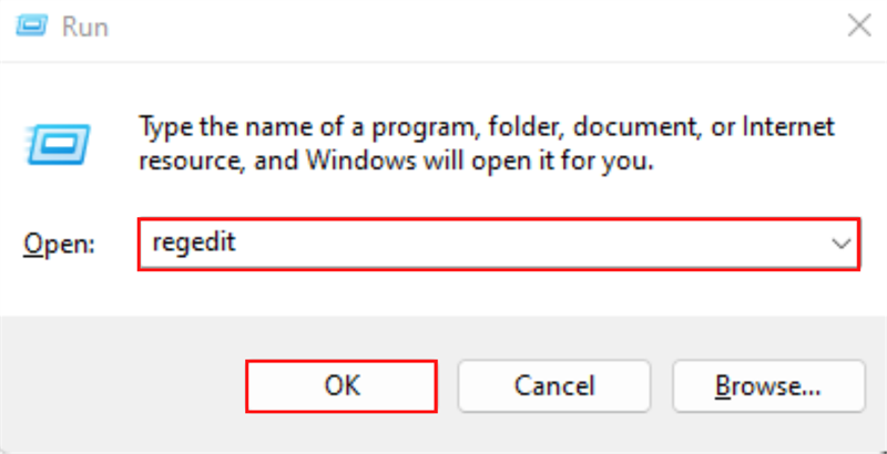 Nhấn tổ hợp phím Windows + R, sau đó gõ regedit vào ô tìm kiếm và nhấn nút OK.