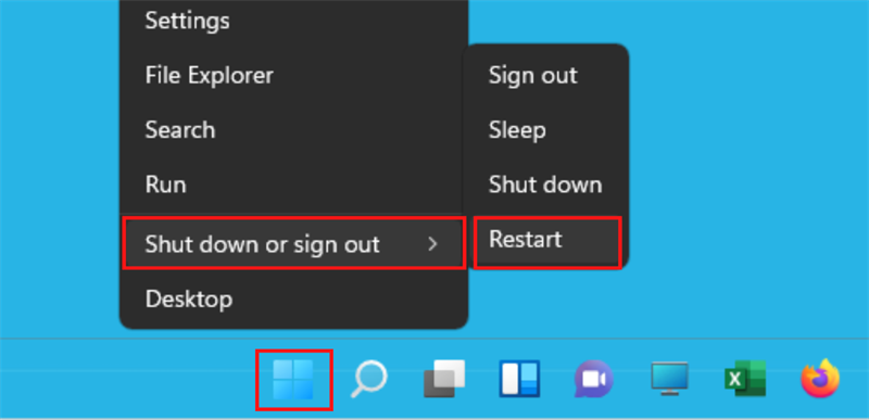 Chuột phải vào biểu tượng Windows > Shut down or sign out > Restart.