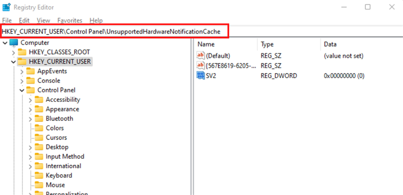 Điều hướng Regedit này đến địa chỉ như sau HKEY_CURRENT_USER\Control Panel\UnsupportedHardwareNotificationCache.
