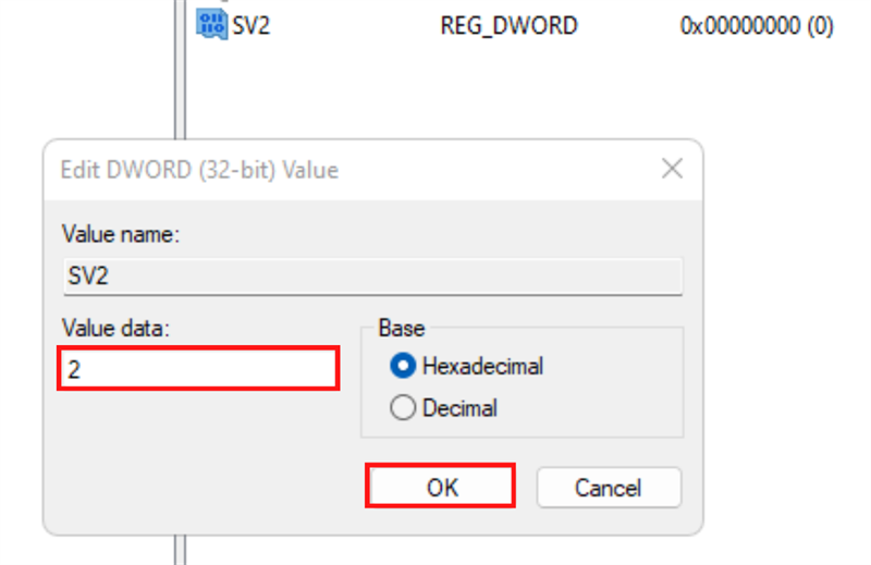 Ở ô Value Data, nhấn vào số 2 và nhấn OK để lưu lại.