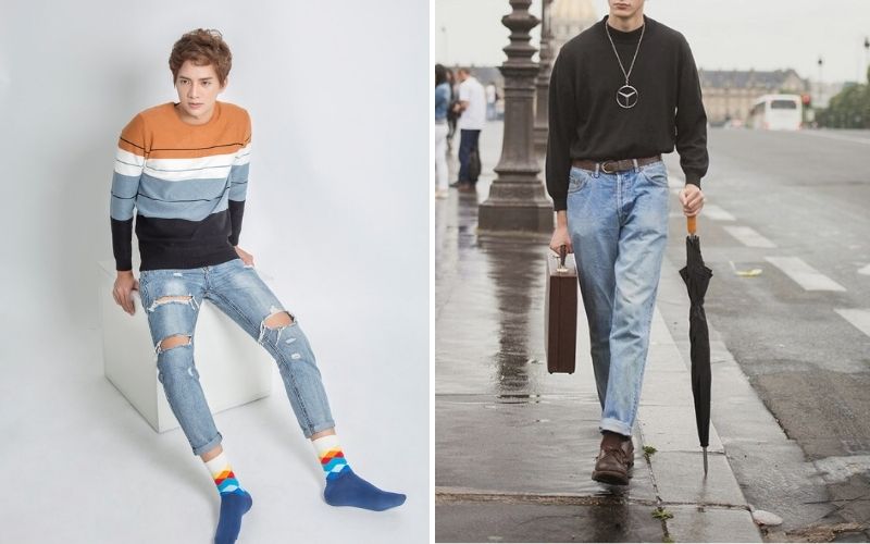 Kiểu phối áo sweater, quần jean cùng giày tây làm tôn lên phong cách trẻ trung, nam tính