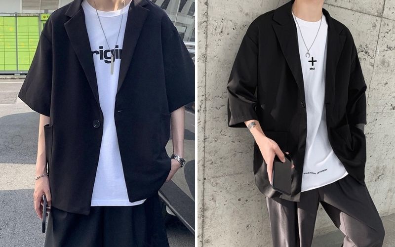 Kiểu phối blazer tay lỡ cùng áo thun và quần màu trắng đen đậm chất phong cách tối giản