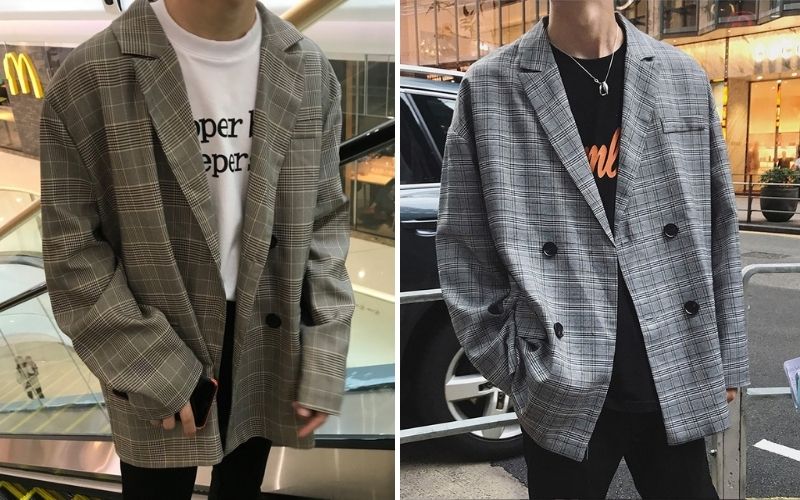 Kiểu phối blazer kẻ sọc, quần tây tối màu và áo thun bên trong làm tăng thêm độ sành điệu