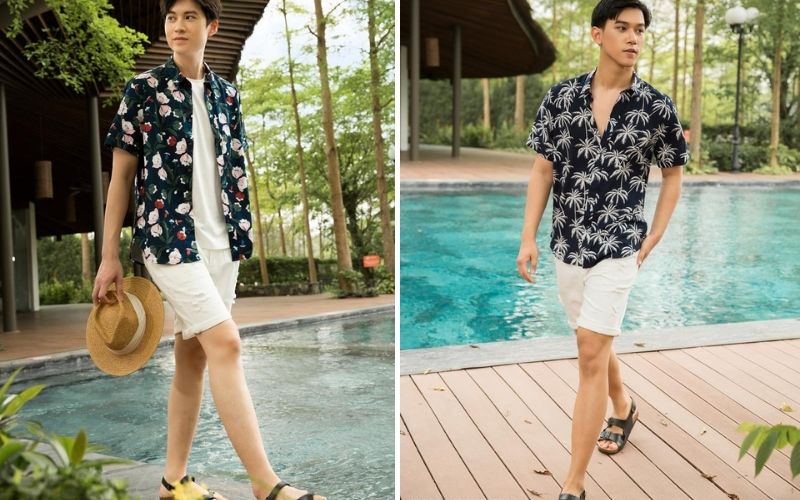 Kiểu phối sơ mi họa tiết đơn giản, quần shorts và giày sandals cực kỳ trẻ trung, năng động