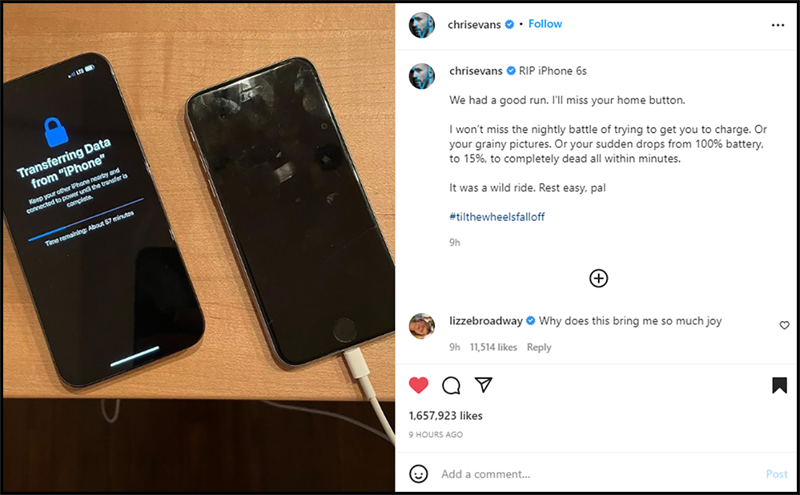 Bài đăng Instagram của Đội trưởng Mỹ từ biệt iPhone 6S
