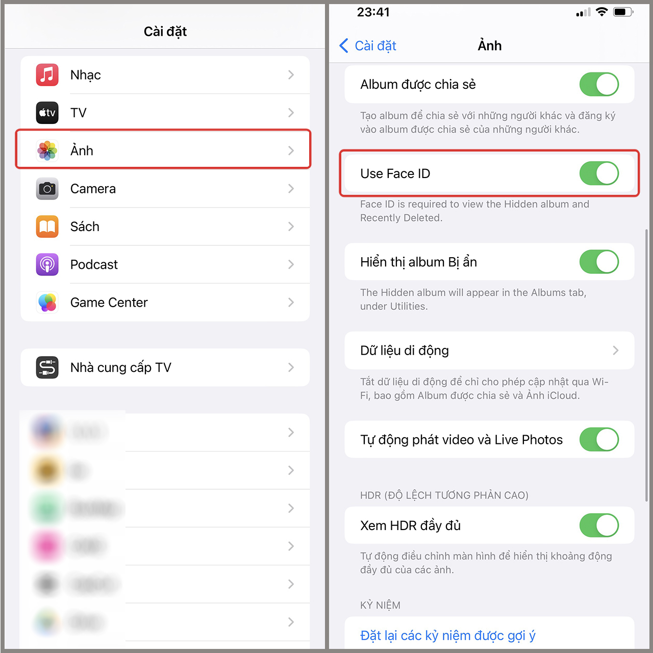 Với Khóa ảnh Face ID và iCloud, bạn sẽ hoàn toàn yên tâm bảo vệ ảnh của mình trên iPhone. Xem hình minh họa để biết thêm chi tiết về tính năng này nhé!