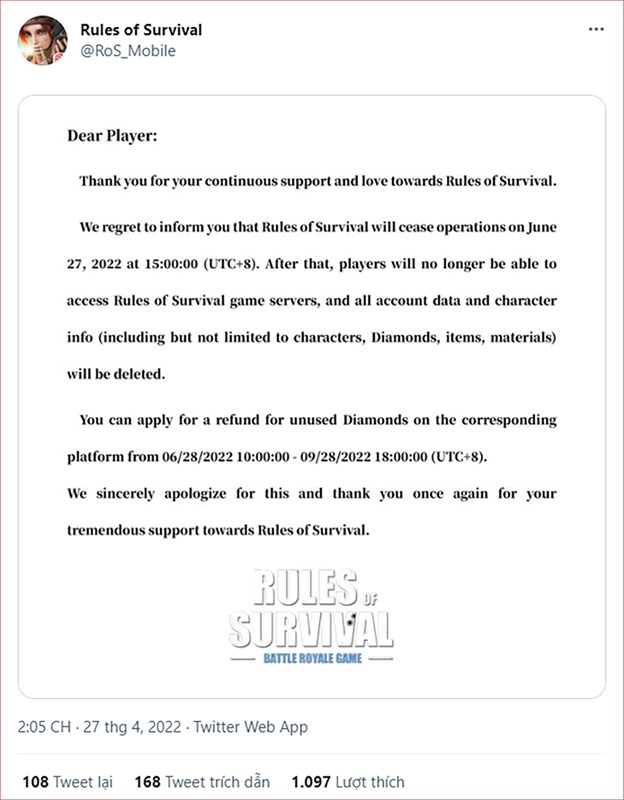 Tựa game đình đám Rules of Survival sẽ chính thức đóng cửa vào ngày 27/6/2022 Tựa game đình đám Rules of Survival sẽ chính thức đóng cửa vào ngày 27/6/2022
