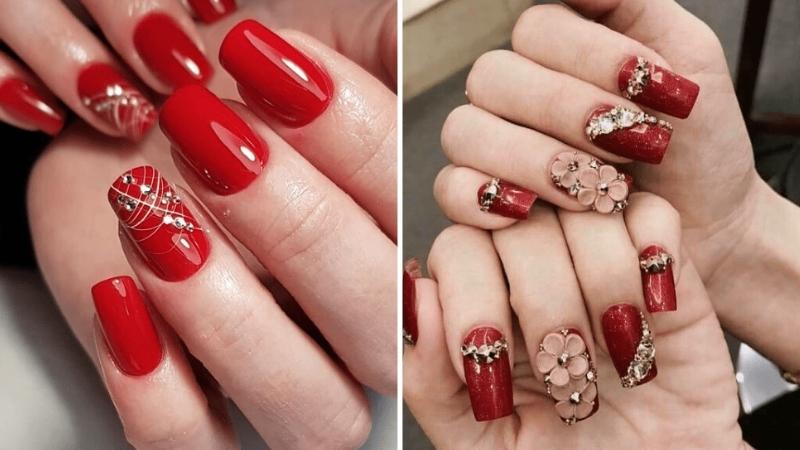 Mẫu nail đính đá màu đỏ rực rỡ