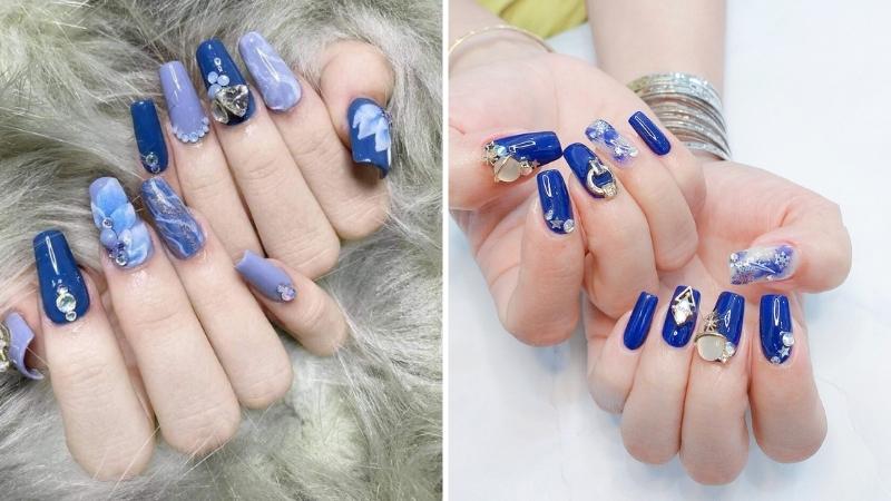 Mẫu nail đính đá màu xanh tươi mát