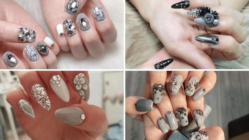 Mẫu nail đính đá màu xám hiện đại