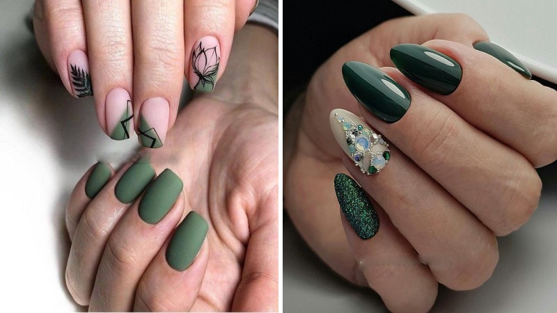 Kiểu nail màu xanh rêu cổ điển kết hợp với vẽ hoa sen yên bình và tinh tế sẽ tạo nên một trải nghiệm mới mẻ và thú vị cho bạn.