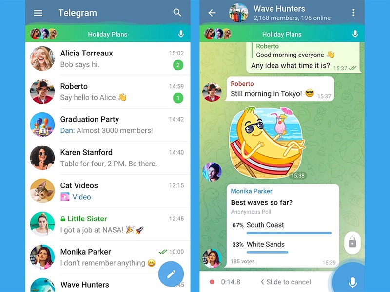 Telegram có thể tạo group chat với 200,000 thành viên và có nhiều tính năng hữu ích