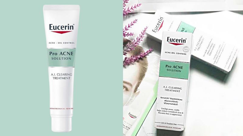 Kem chấm mụn Eucerin được thiết kế với màu chủ đạo là trắng kết hợp xanh lá nhạt