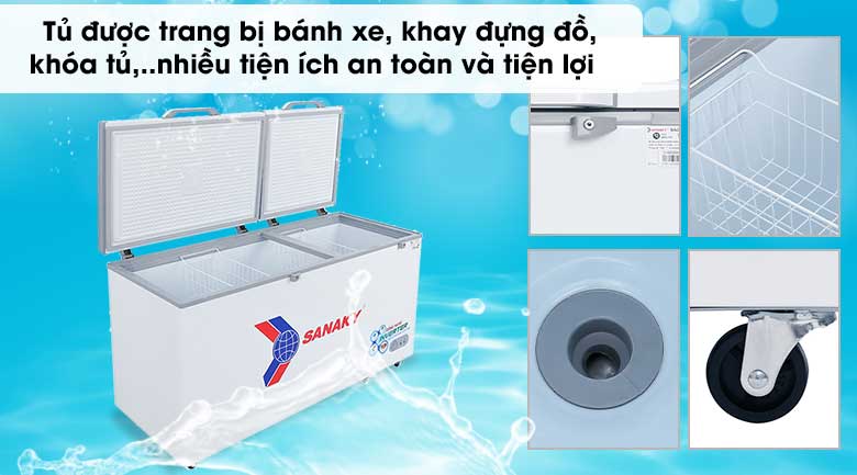 Tủ đông Sanaky Inverter có tốt không? 7 lợi ích của tủ đông Sanaky Inverter > Tiện ích khóa an toàn, lỗ thoát nước, bánh xe
