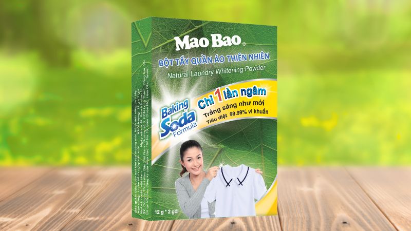 Bao bì, thiết kế của bột tẩy Mao Bao, giúp quần áo trắng sáng như mới sau 1 lần ngâm