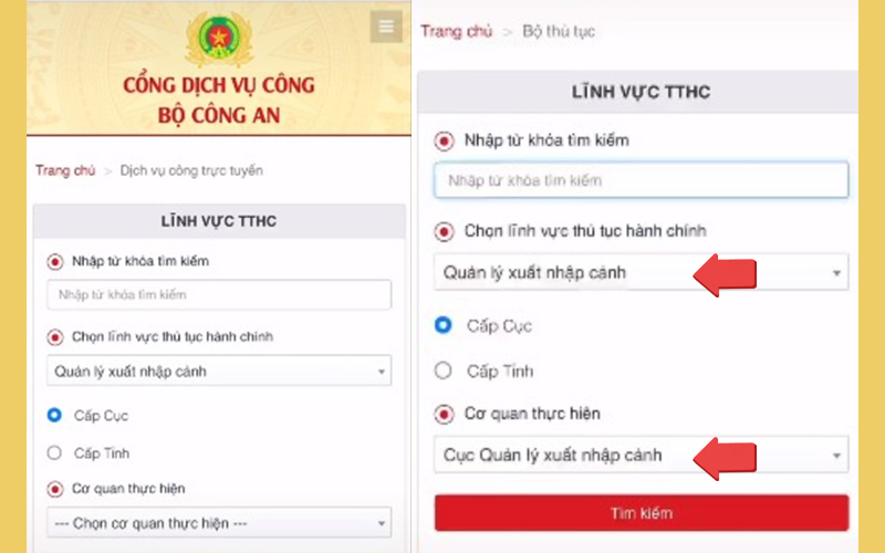 Chọn lĩnh vực thủ tục hành chính