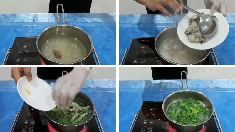 Cho hàu và rau cải vào nấu cùng nước canh