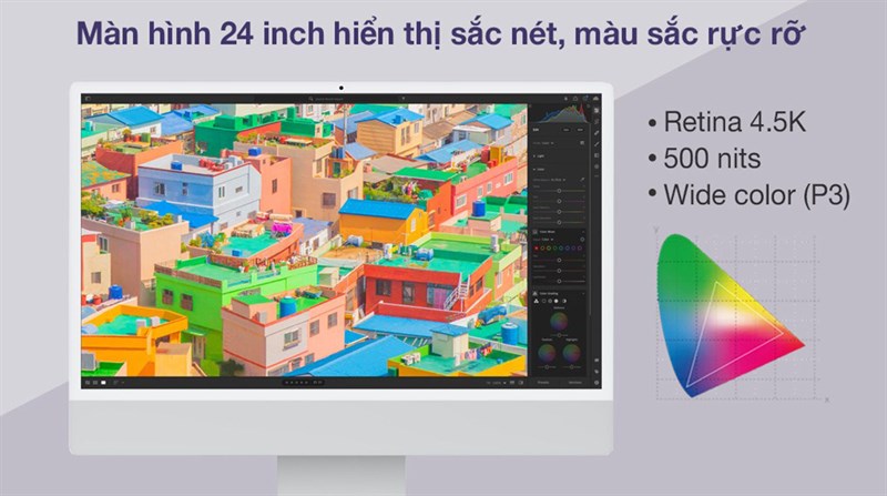 iMac M1 2021 sở hữu màn hình sắc nét 4.5K cùng dải màu rộng P3