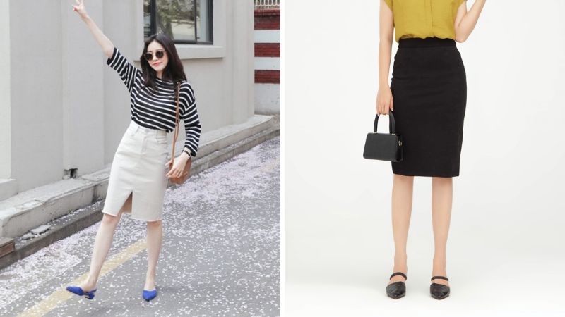 Pencil skirt with flat shoes