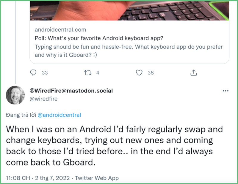 Một fan trung thành của Gboard chia sẻ cảm nhận trên Twitter Một fan trung thành của Gboard chia sẻ cảm nhận trên Twitter