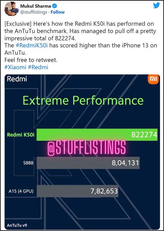 Tweet tiết lộ số điểm Antutu khủng của Redmi K50i Tweet tiết lộ số điểm Antutu khủng của Redmi K50i