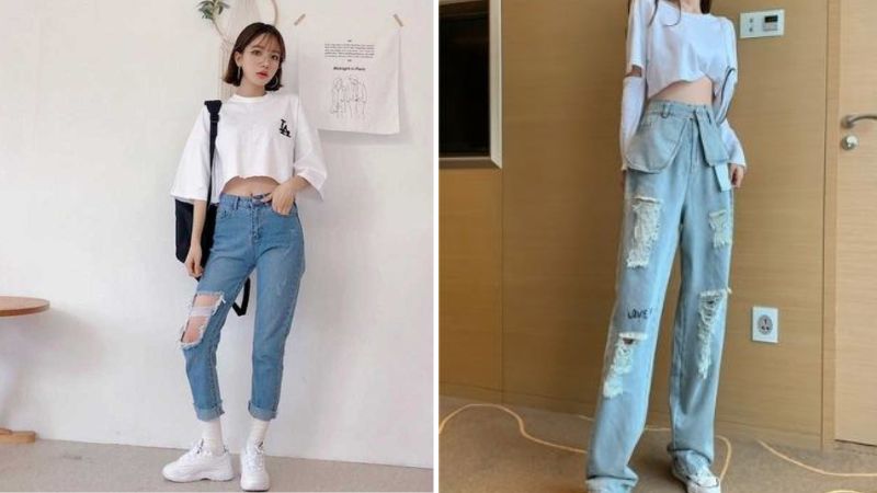 Phối quần jeans rách gối với áo croptop