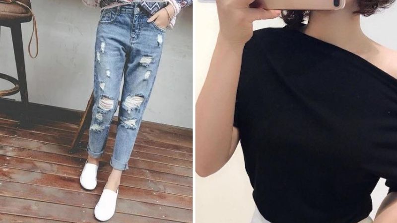 Phối quần jeans rách gối với áo lệch vai