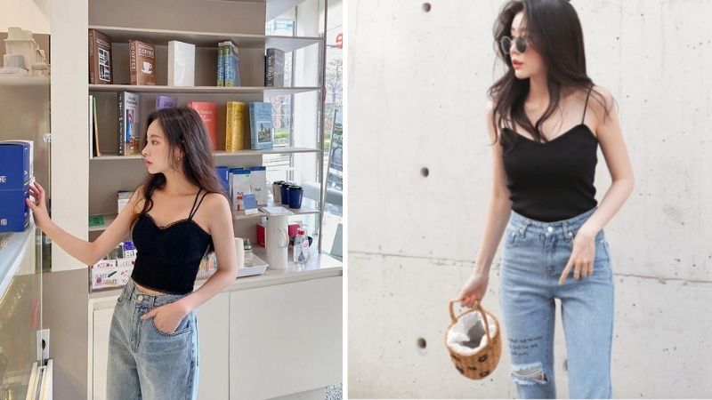 Phối quần jeans rách gối với áo hai dây