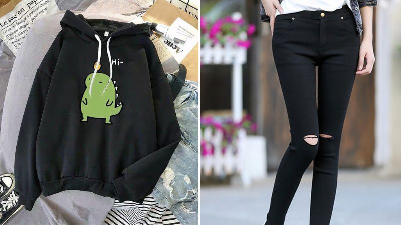 Phối quần jeans rách gối với áo hoodie