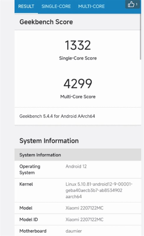 Điểm hiệu năng Xiaomi 12S Pro trên Geekbench