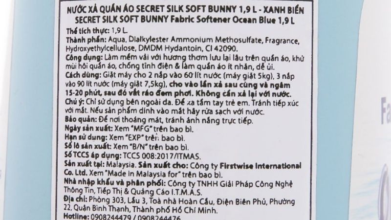 Bảng thông tin nước xả vải Soft Bunny xanh biển