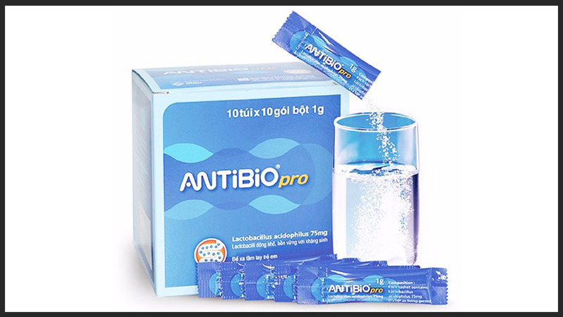 Hộp men vi sinh Antibio Pro gồm 10 túi, mỗi túi 10 gói chứa 1g dạng bột đông khô